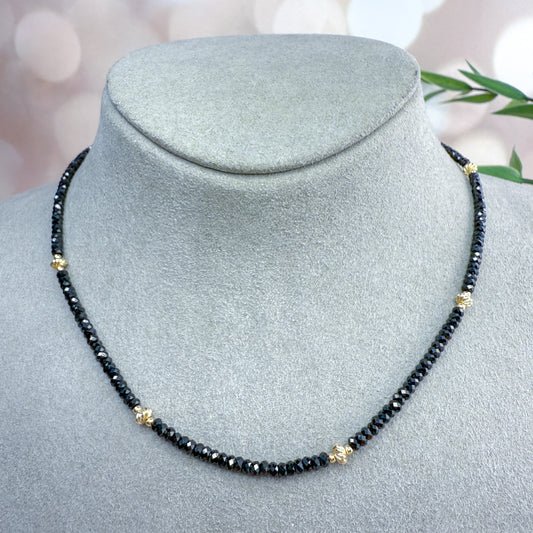 Black spinel & gold filled swirl beaded necklace