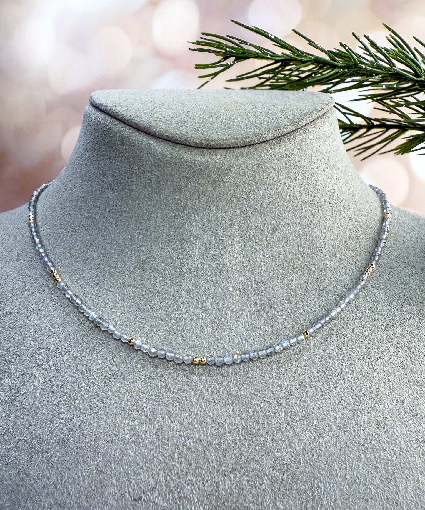 Dainty Gemstone Necklace with Gold Beads - Add Charms or Wear Alone