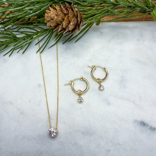 CZ Solitaire Necklace & hoop earring set