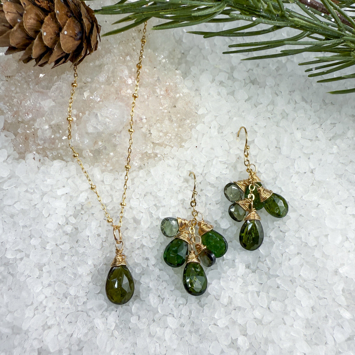 Green Tourmaline Necklace and Waterfall Earring Set