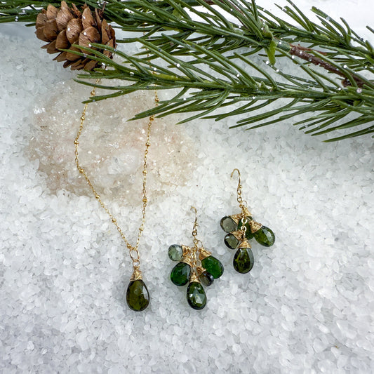 Green Tourmaline Necklace and Waterfall Earring Set