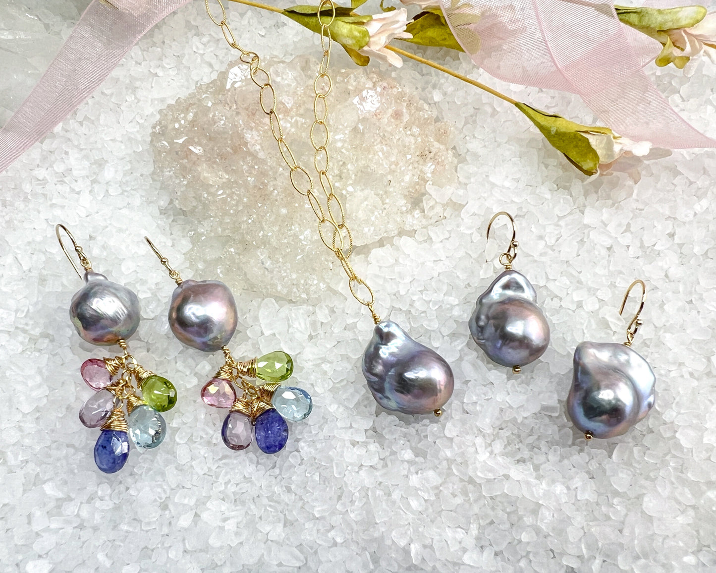 Baroque Pearl & gemstone waterfall earrings