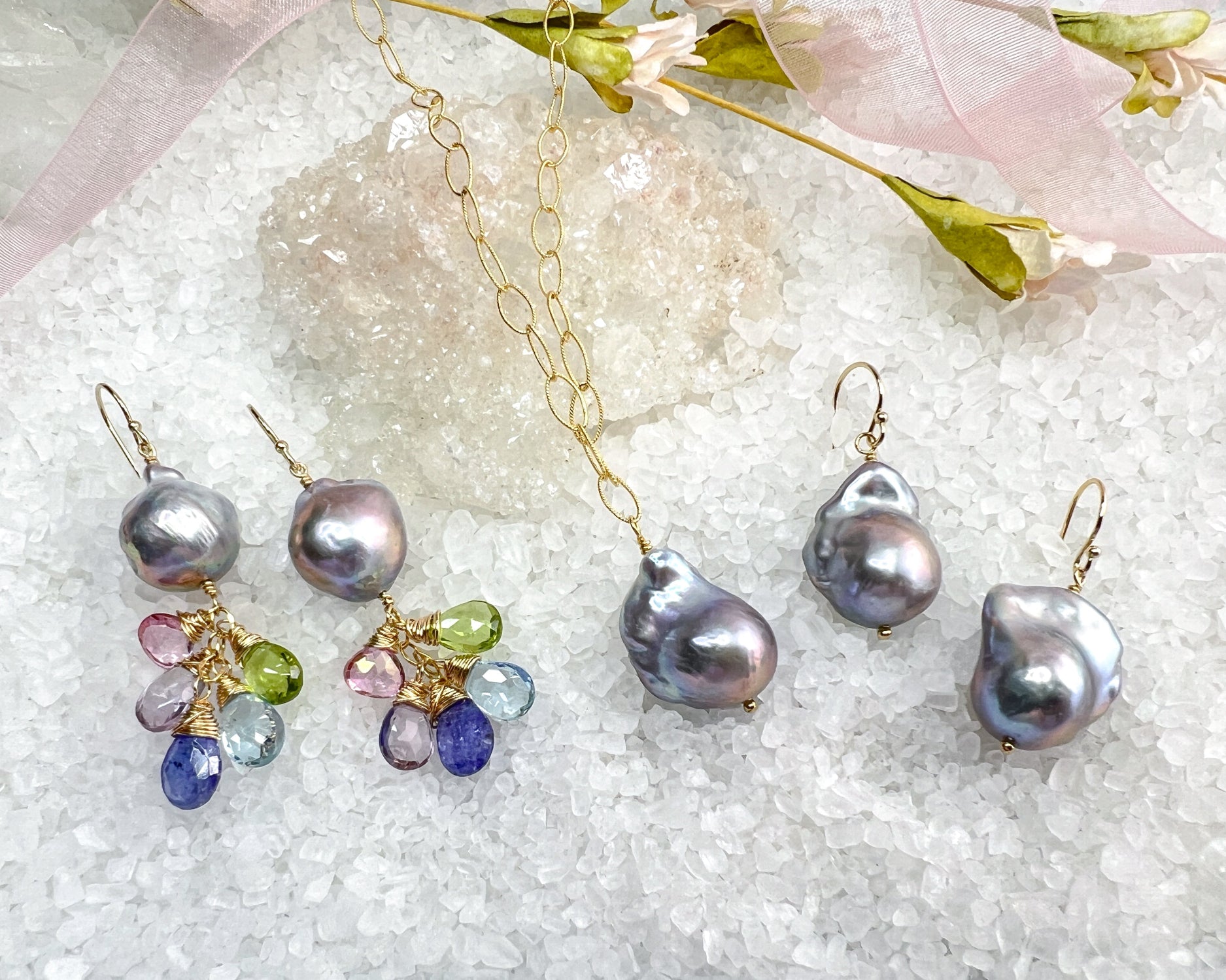 Baroque Pearl & gemstone waterfall earrings