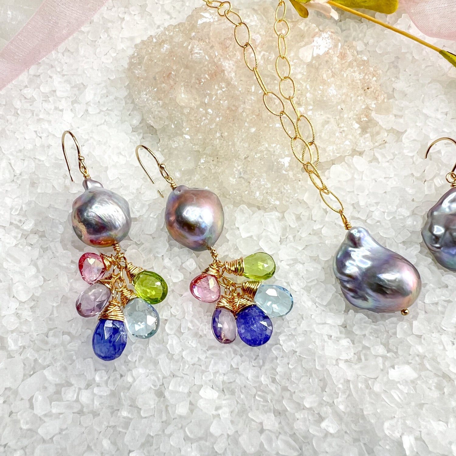 Baroque Pearl & gemstone waterfall earrings