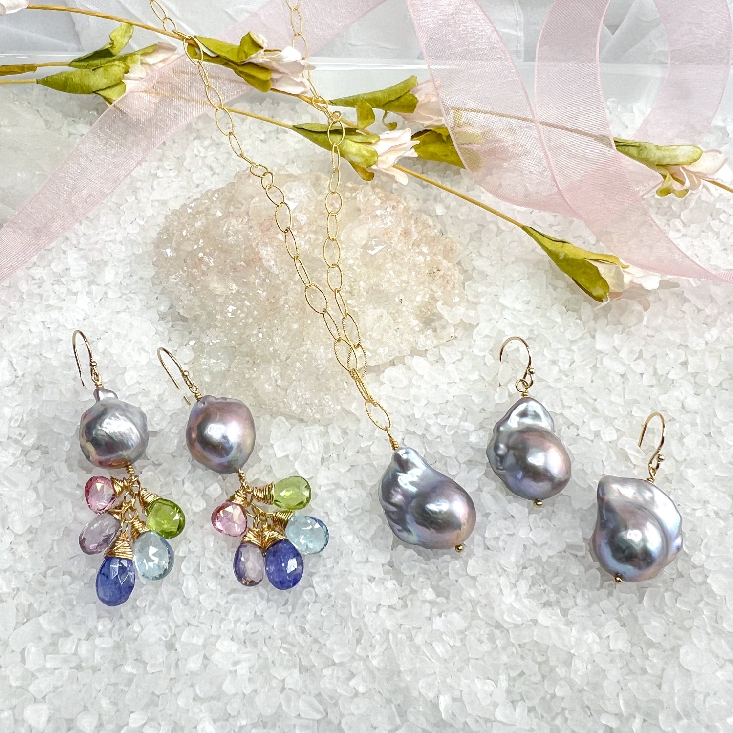 Baroque Pearl & gemstone waterfall earrings