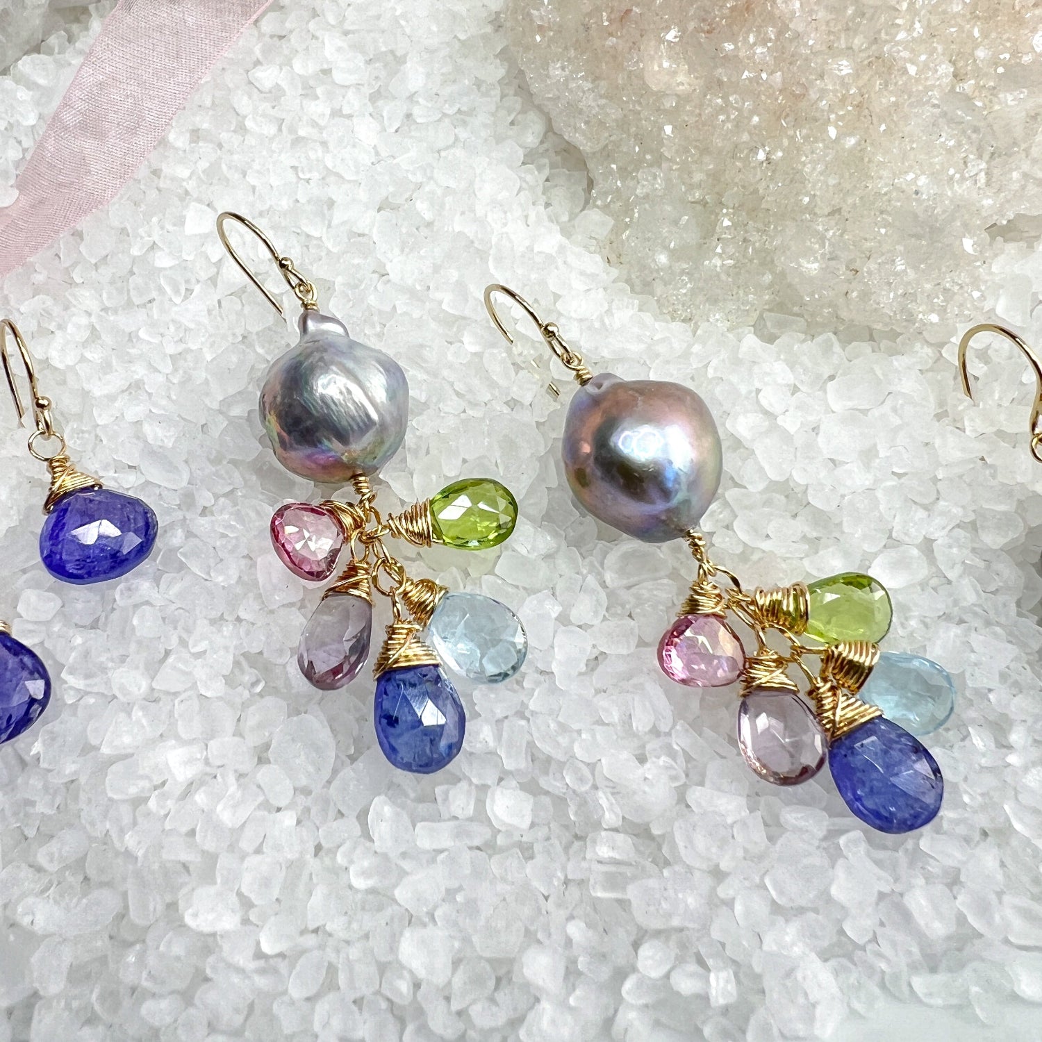 Baroque Pearl & gemstone waterfall earrings