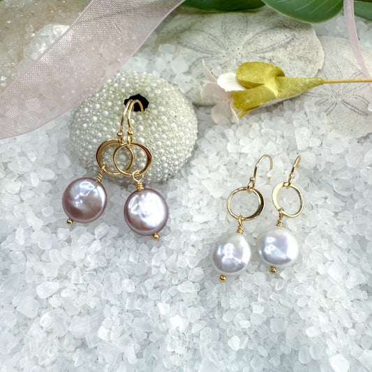 Pink and White Coin Pearl Earrings