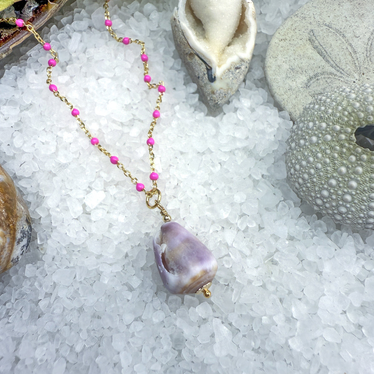 Bright Pink Enamel Chain with Removable Shell Pendant