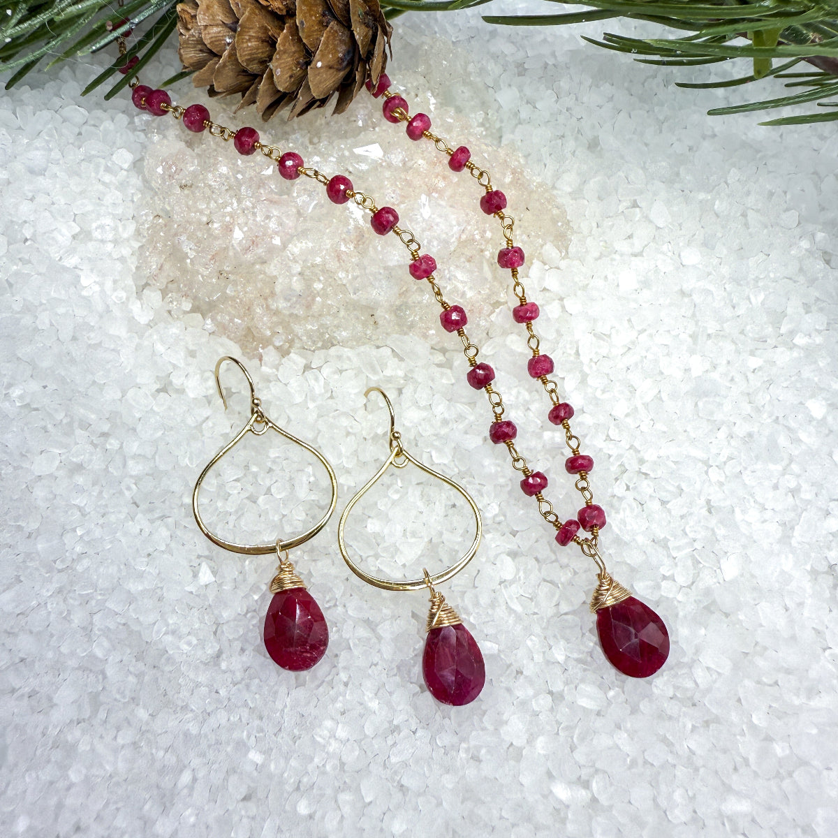 Ruby Teardrop earrings & Necklace