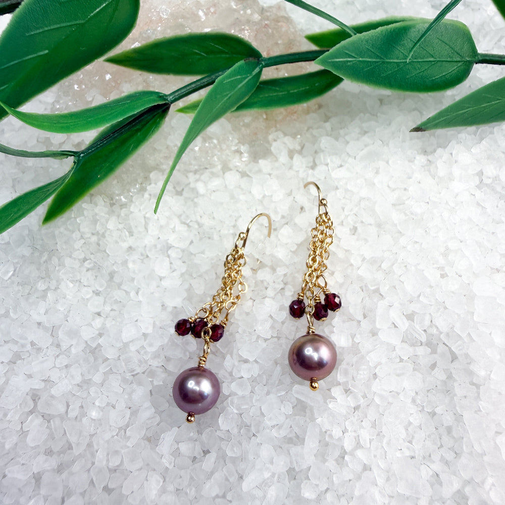Edison Pearl & Garnet Chain Dangle Earrings