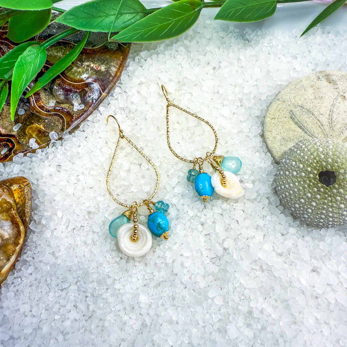 Turquoise, chalcedony, Puka & apatite sparkly hammered teardrop hoop earrings.