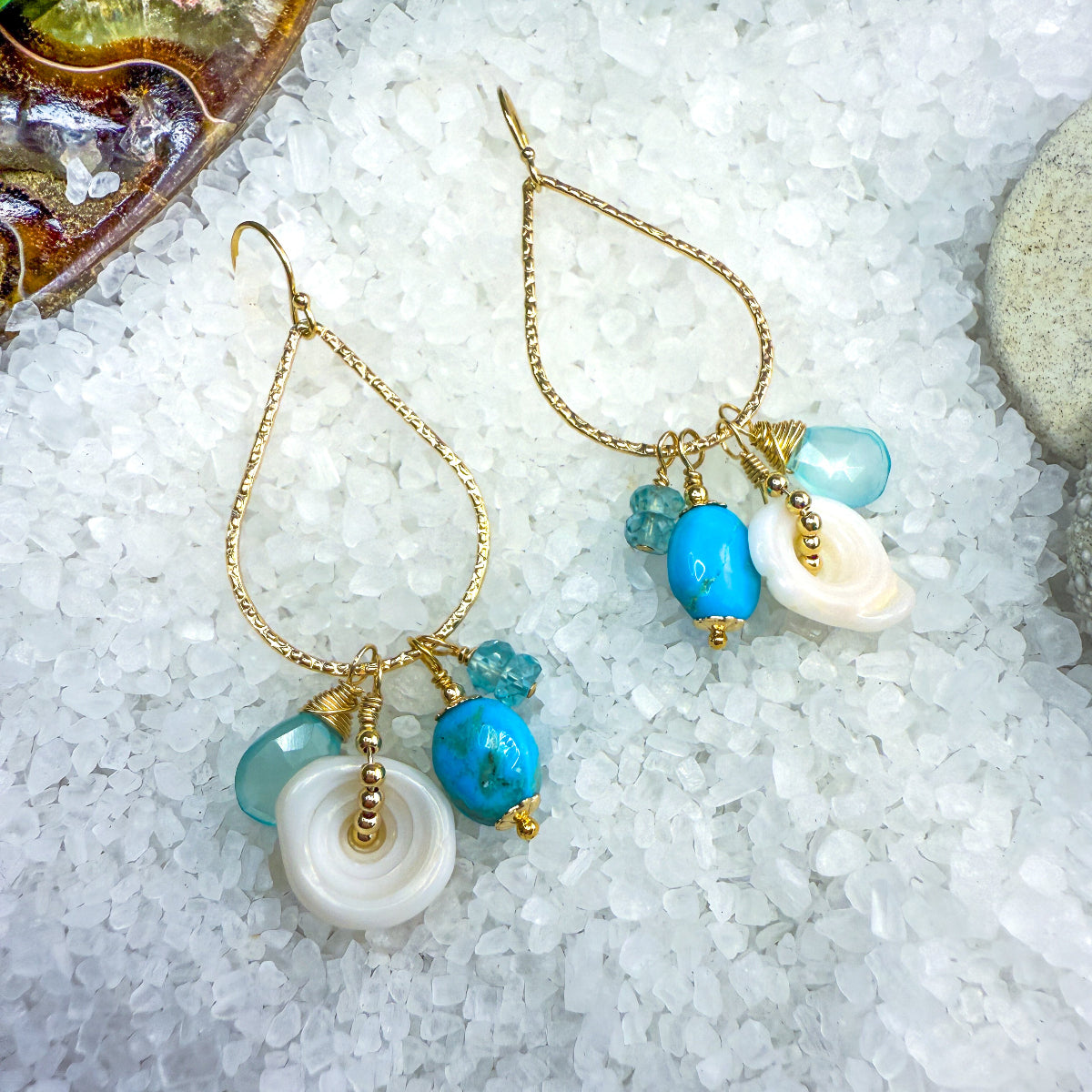 Turquoise, chalcedony, Puka & apatite sparkly hammered teardrop hoop earrings.