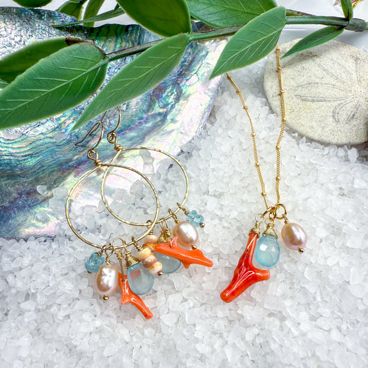 Chalcedony, Coral & Pink Pearl Hoops