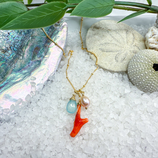 Coral, Chalcedony & peach pearl necklace