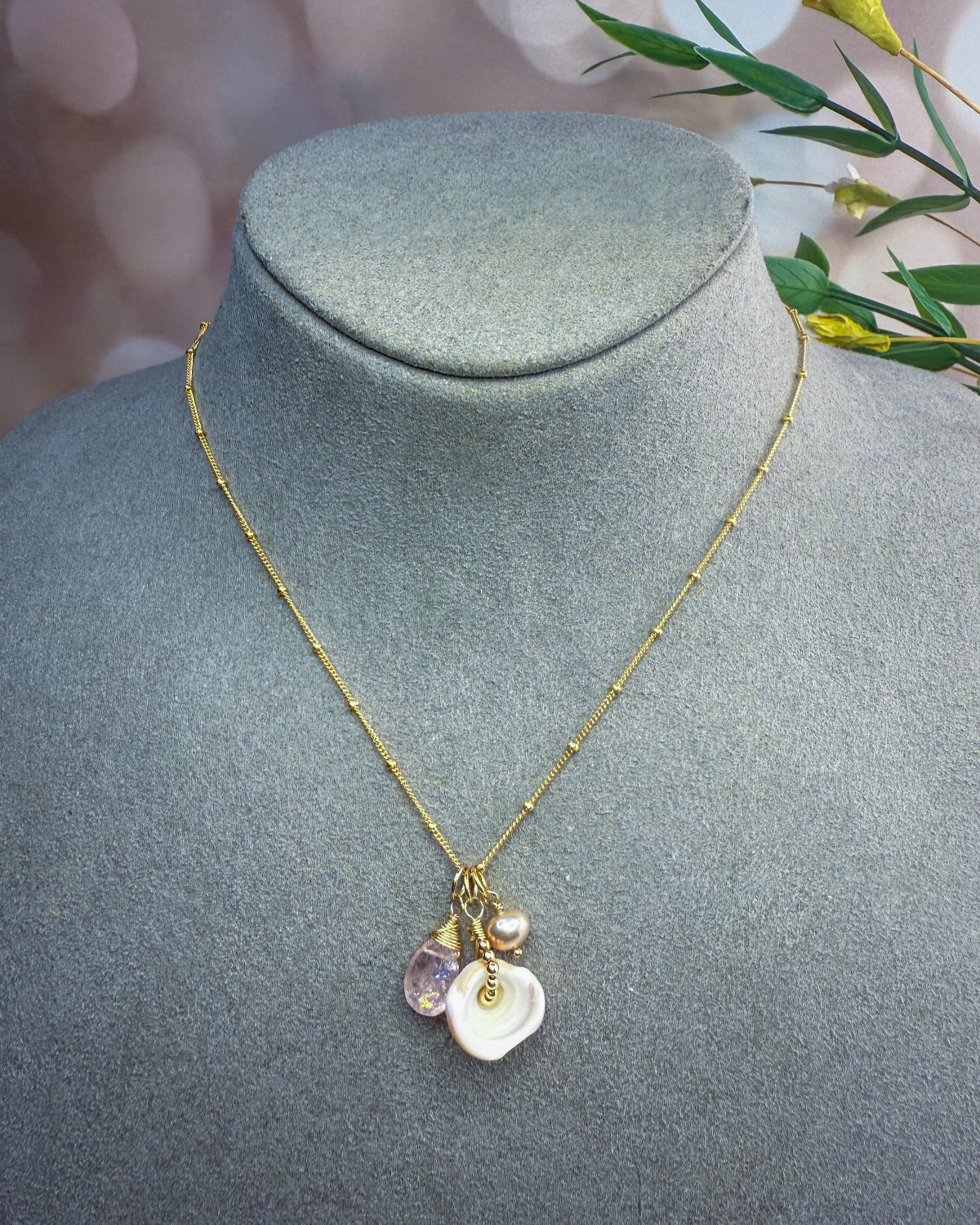 Puka, Morganite & pink pearl necklace. Sumer jewelry Shell jewelry