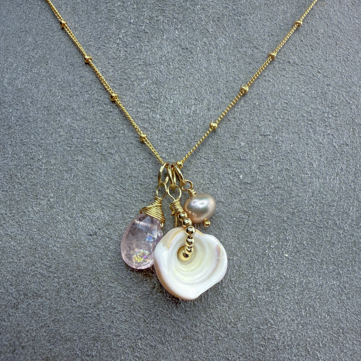 Puka, Morganite & pink pearl necklace. Sumer jewelry Shell jewelry