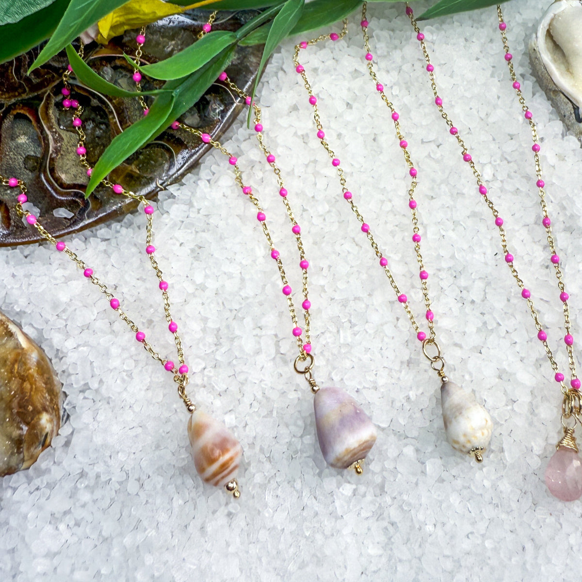 Bright Pink Enamel Chain with Removable Shell Pendant