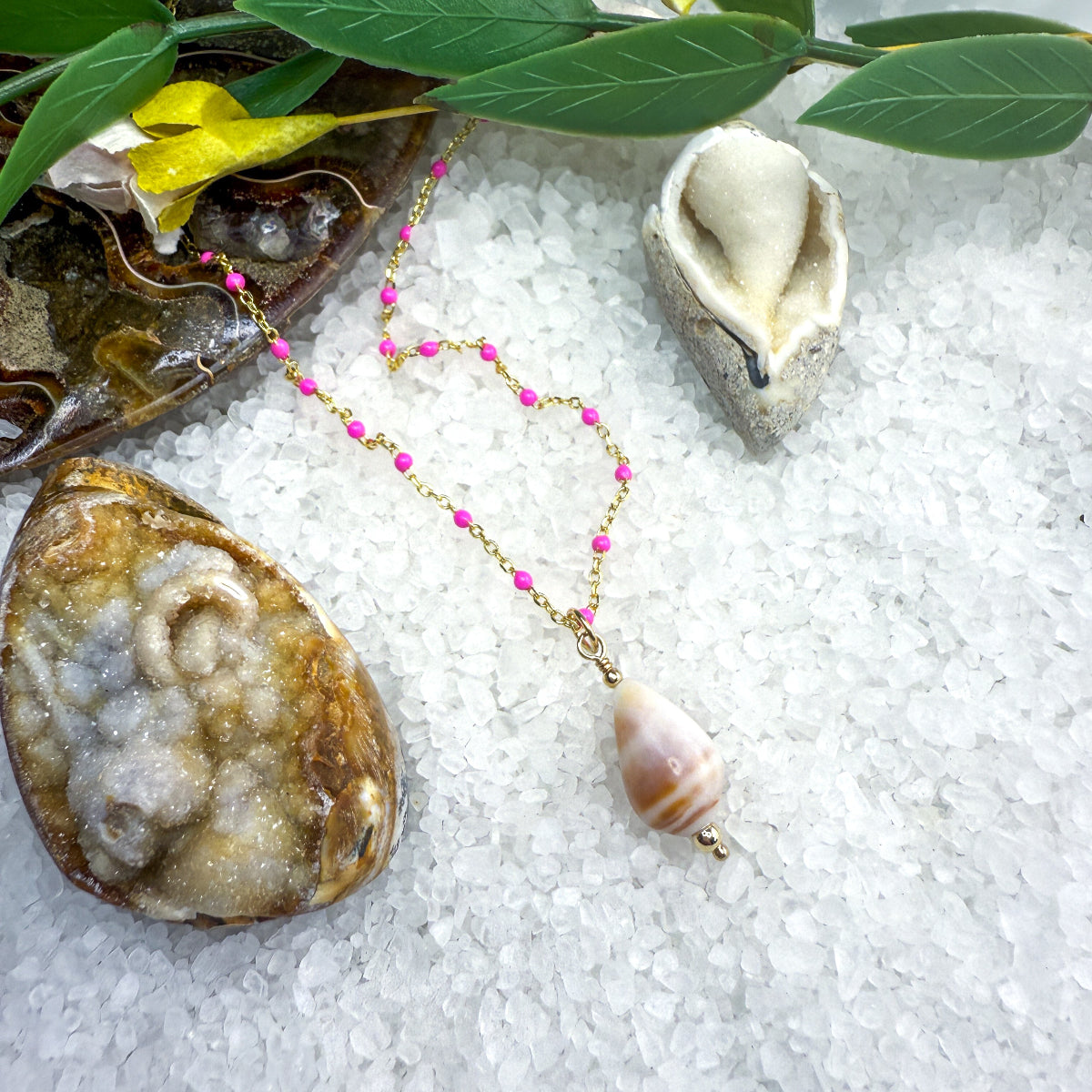 Bright Pink Enamel Chain with Removable Shell Pendant