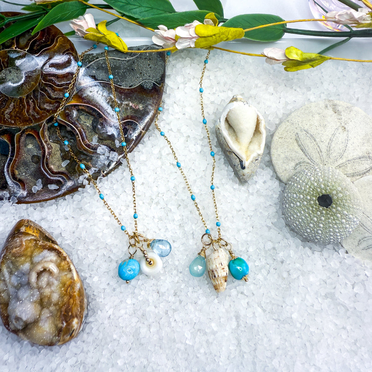 Turquoise, blue gemstone & shell charms on a beaded enamel vermeil chain.