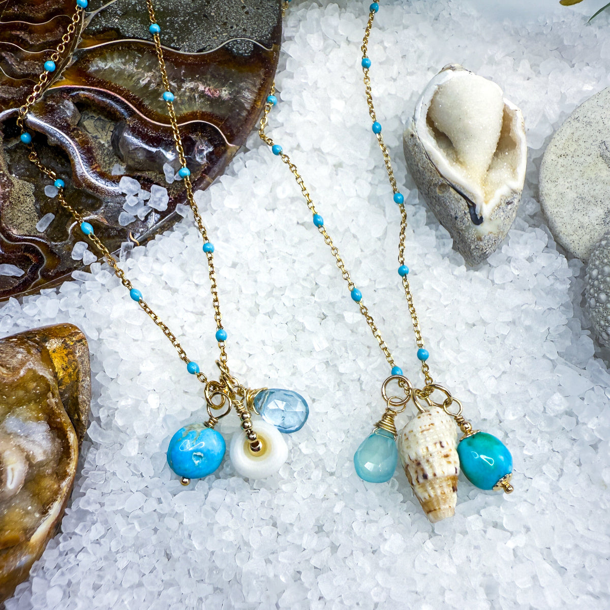 Turquoise, blue gemstone & shell charms on a beaded enamel vermeil chain.