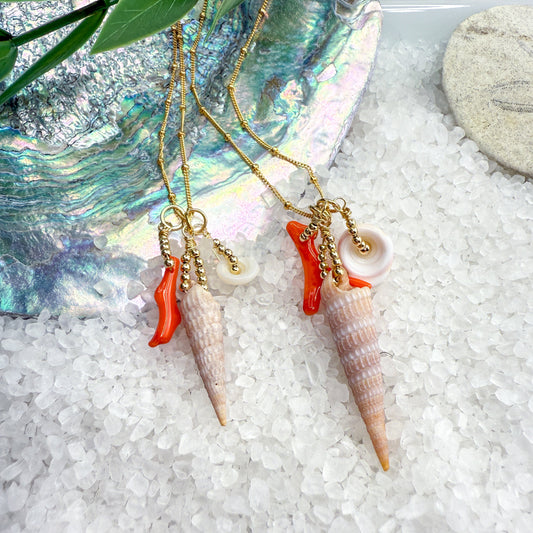 Coral, Puka & Auger Shell Necklace