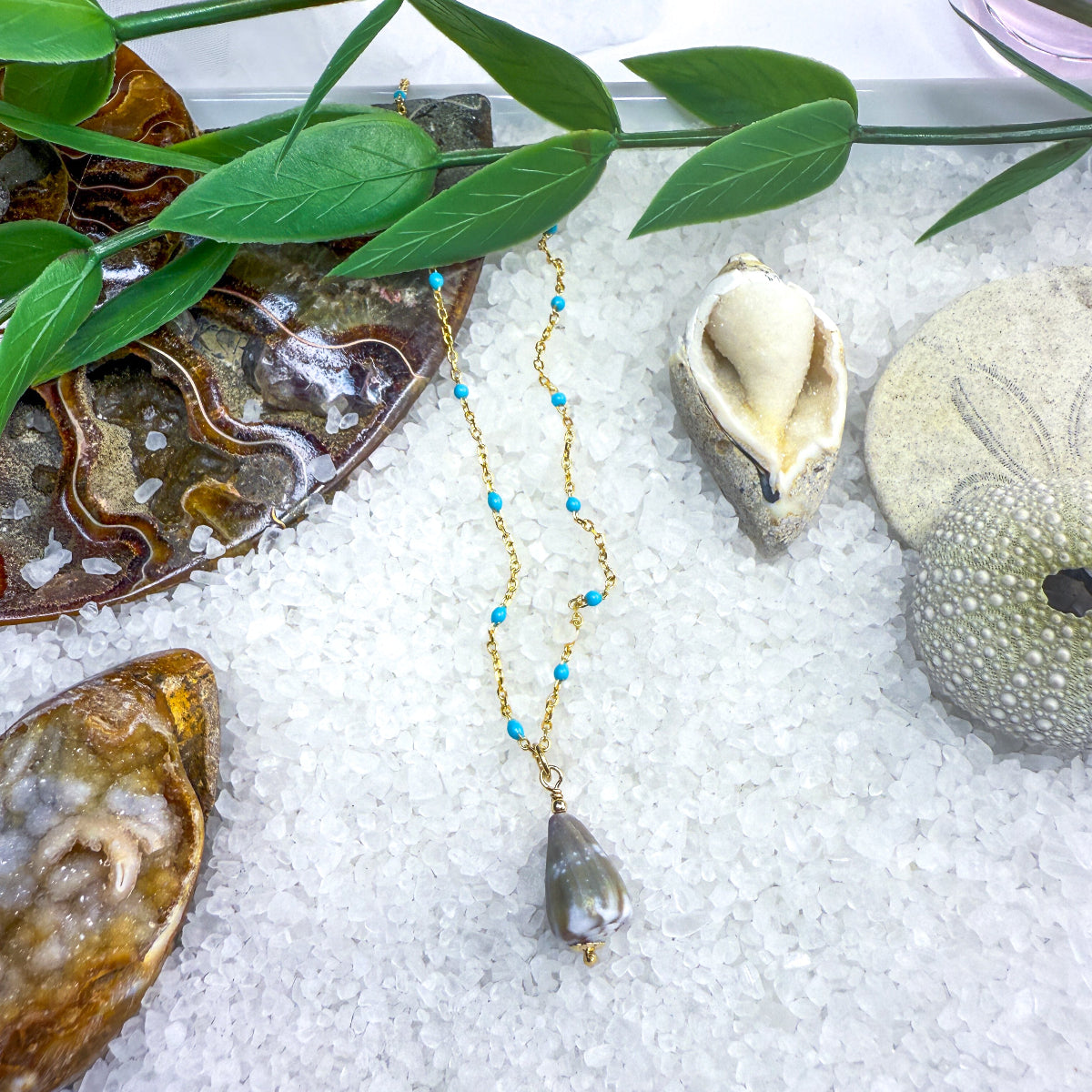 Turquoise Enamel Chain with Removable Shell Pendant