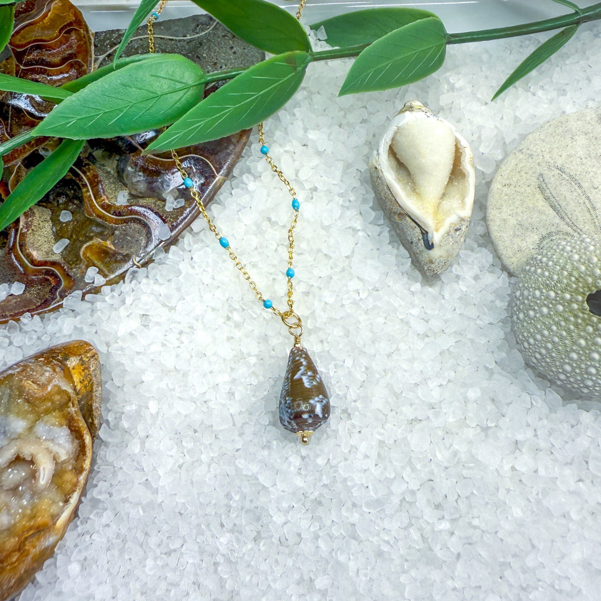 Turquoise Enamel Chain with Removable Shell Pendant