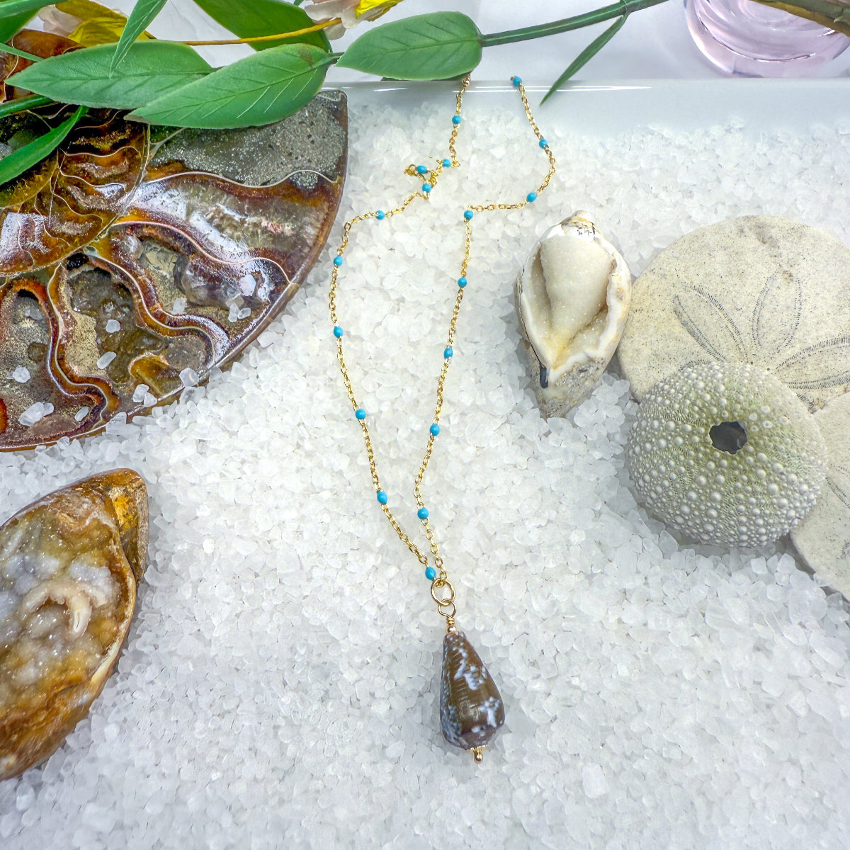 Turquoise Enamel Chain with Removable Shell Pendant