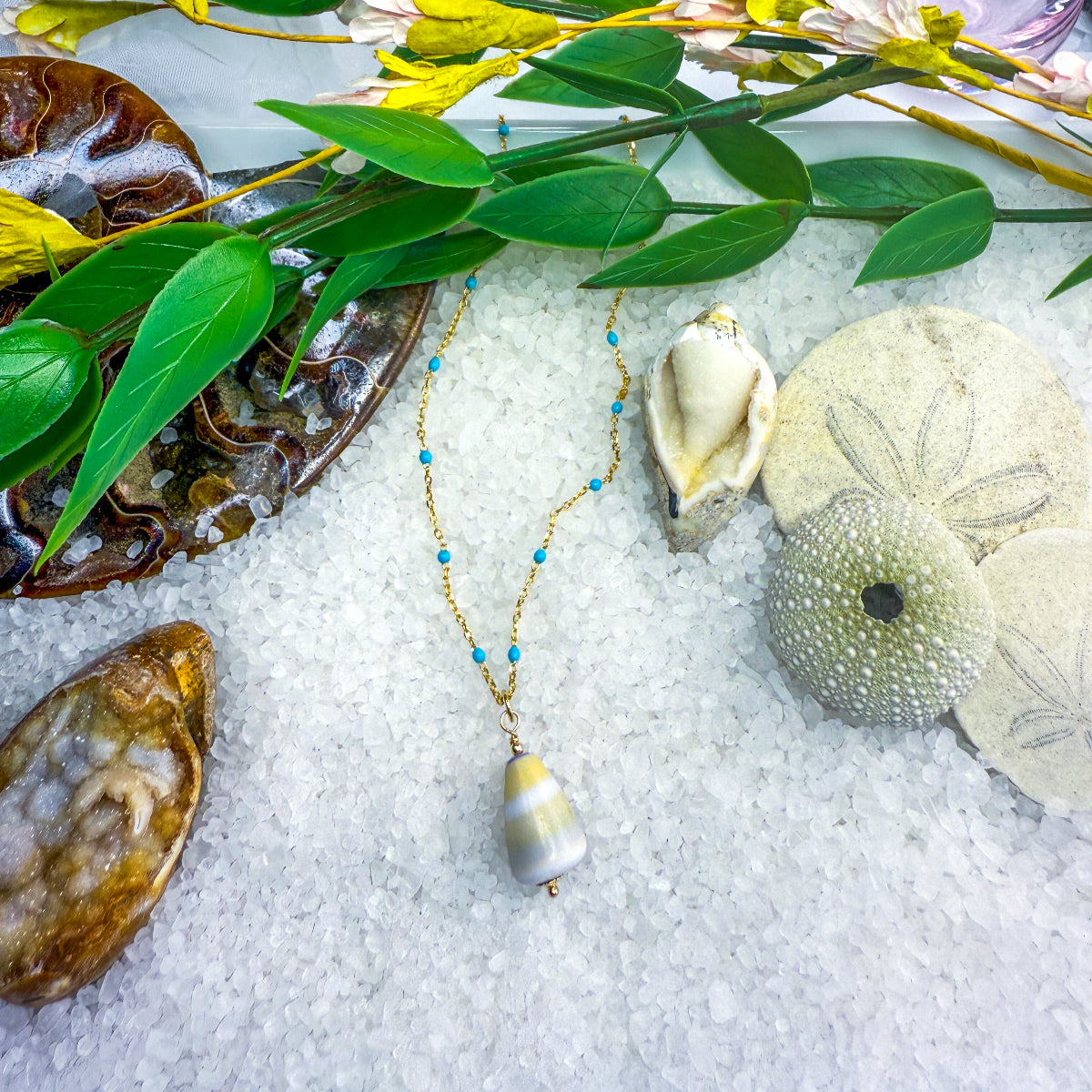 Turquoise Enamel Chain with Removable Shell Pendant