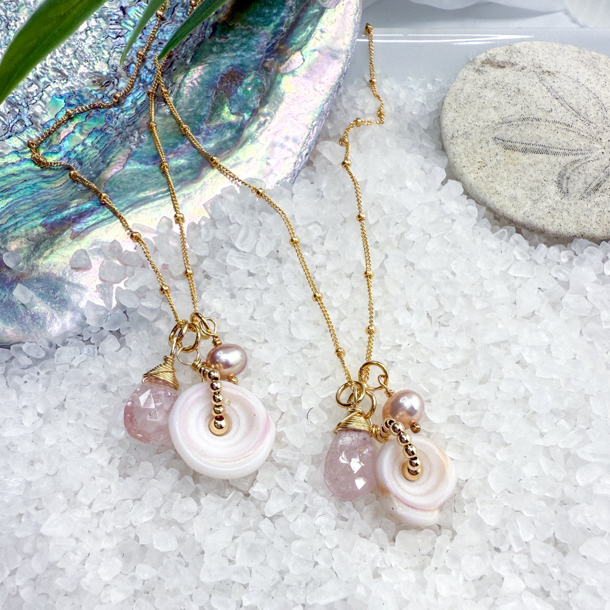 Puka, Morganite & pink pearl necklace. Sumer jewelry Shell jewelry