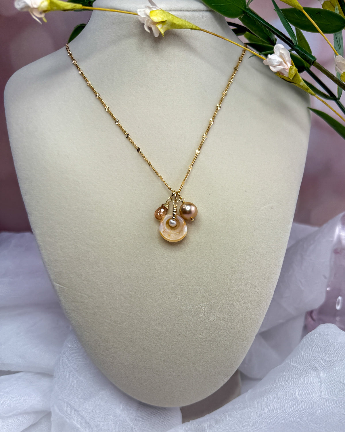 Golden Puka, Topaz & Edison Pearl Necklace