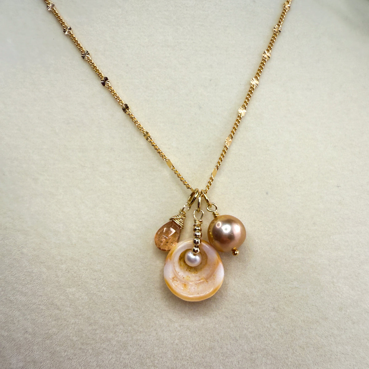 Golden Puka, Topaz & Edison Pearl Necklace