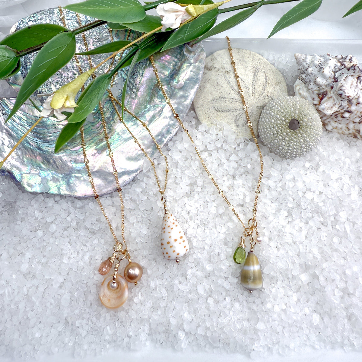 Golden Puka, Topaz & Edison Pearl Necklace