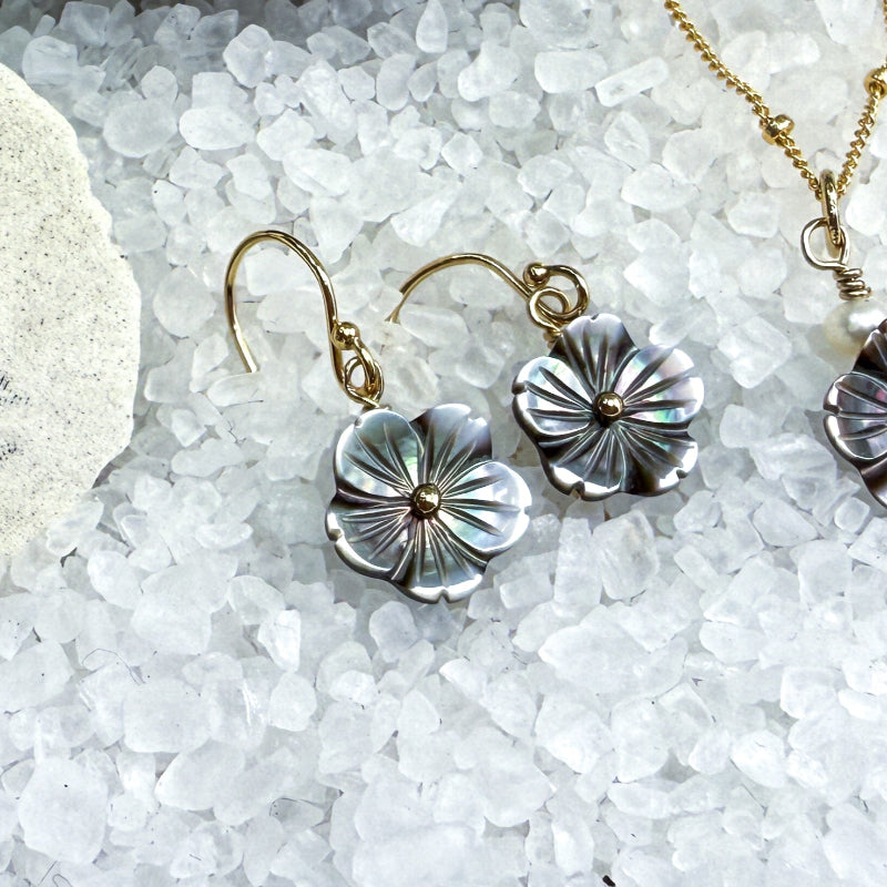 Gray Mother of Pearl Plumeria earrings