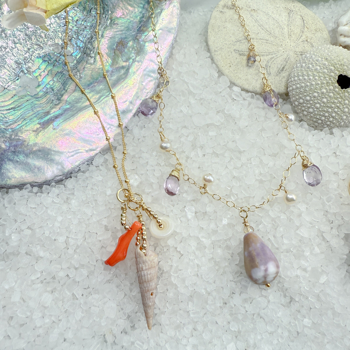 Purple cone shell, amethyst & freshwater pearl necklace