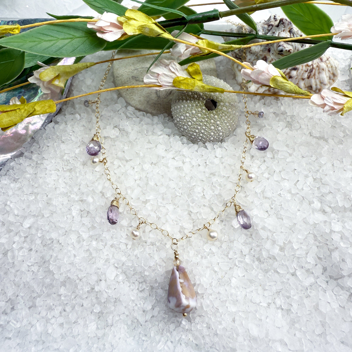 Purple cone shell, amethyst & freshwater pearl necklace