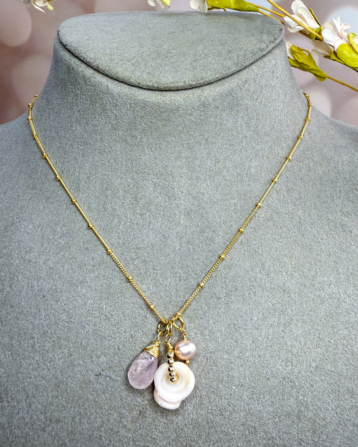 Puka, Morganite & pink pearl necklace. Sumer jewelry Shell jewelry