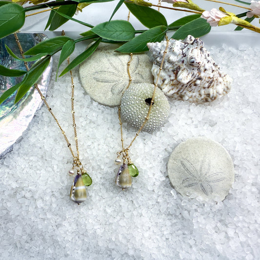 Green Cone Shell,Pearl & Peridot Necklace