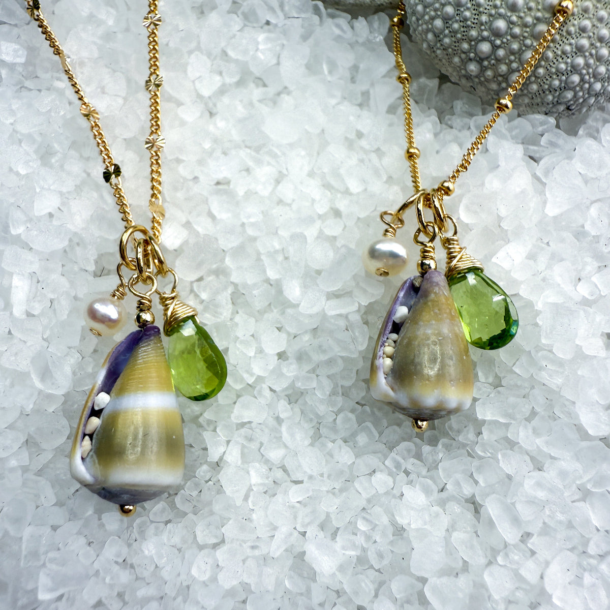 Green Cone Shell,Pearl & Peridot Necklace