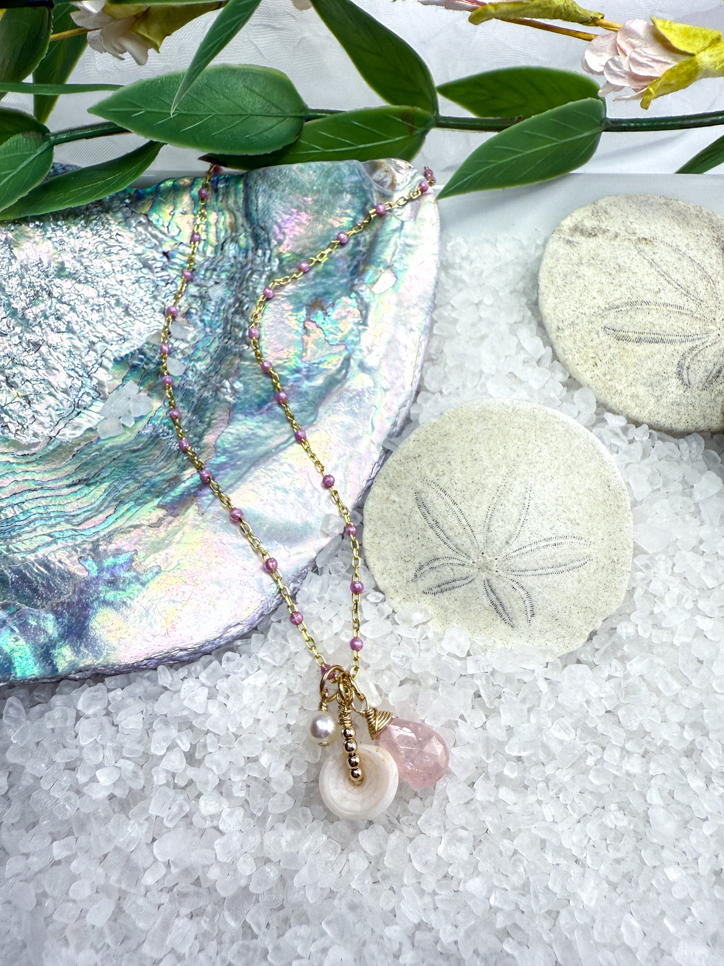Pink Enamel, Puka & Morganite Necklace