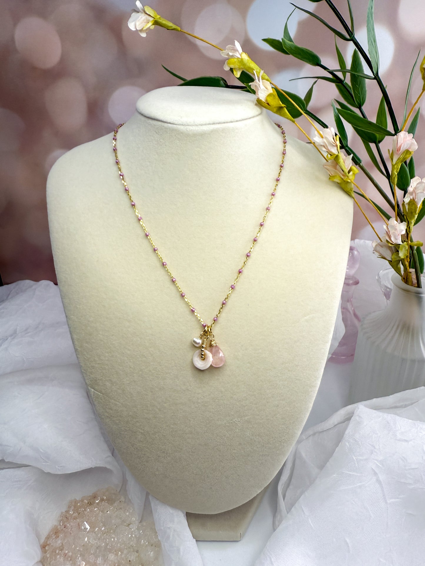 Pink Enamel, Puka & Morganite Necklace