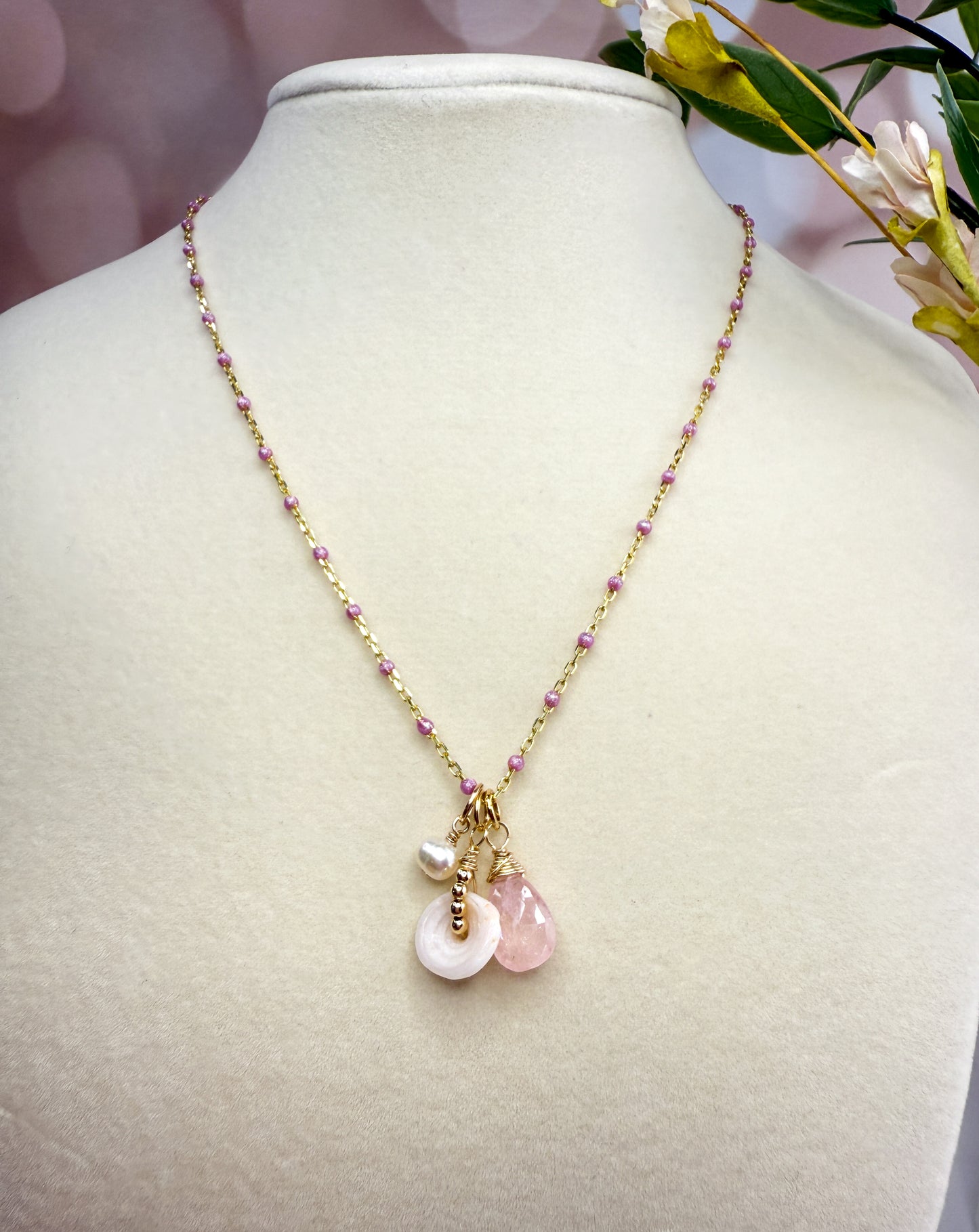 Pink Enamel, Puka & Morganite Necklace