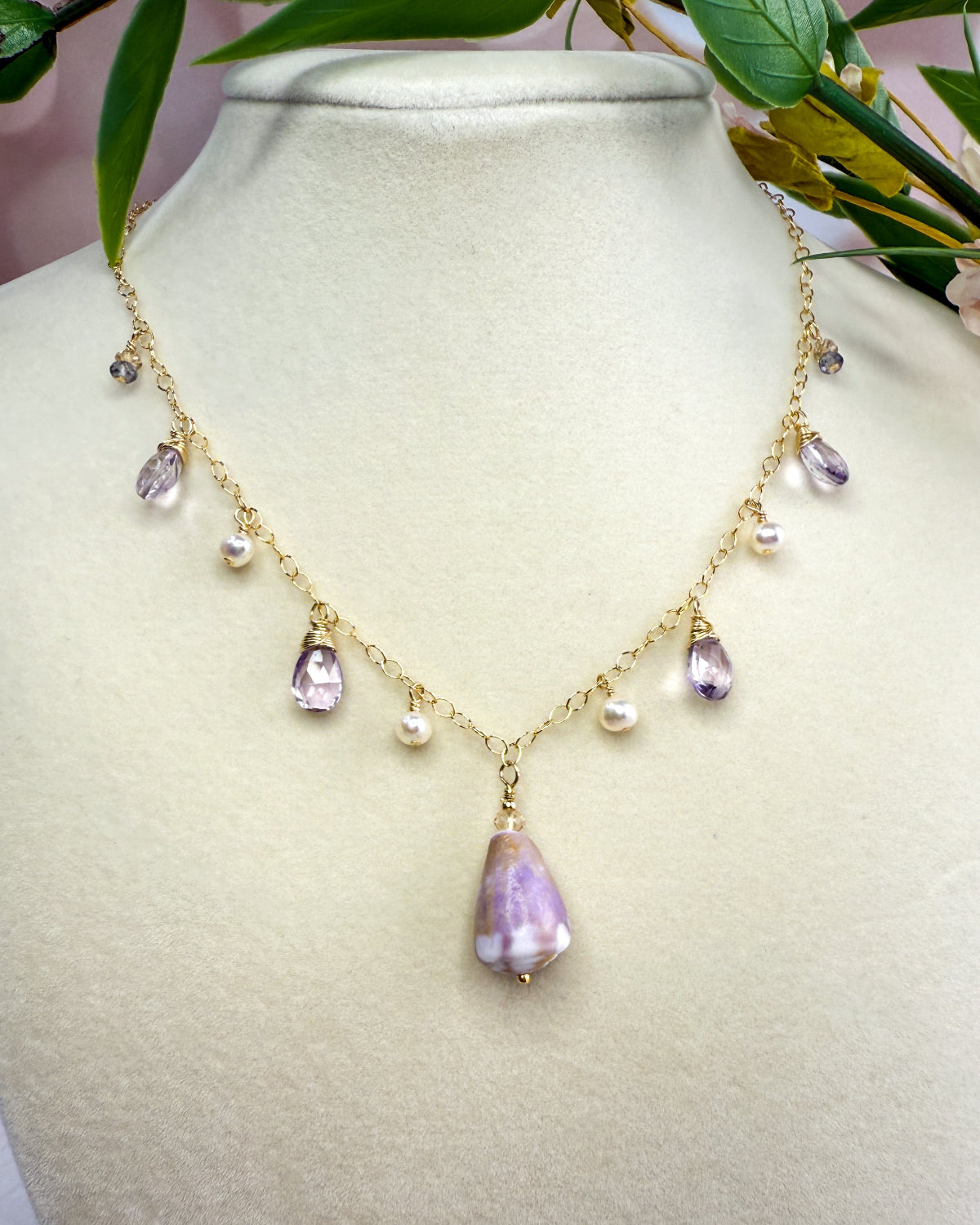 Purple cone shell, amethyst & freshwater pearl necklace