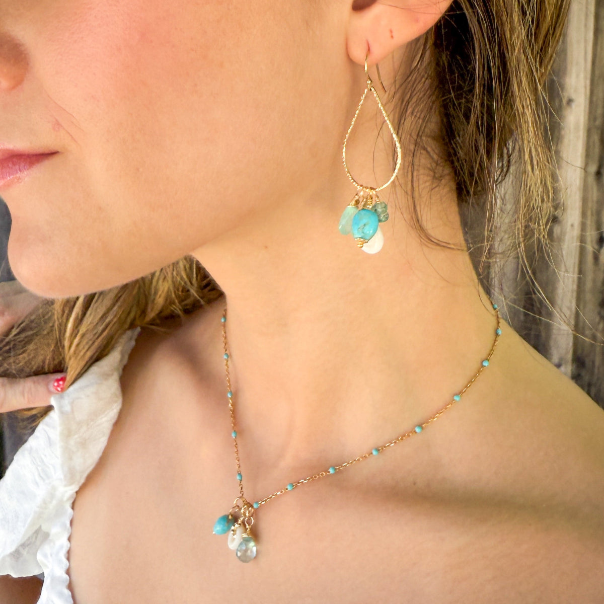 Turquoise, chalcedony, Puka & apatite sparkly hammered teardrop hoop earrings.