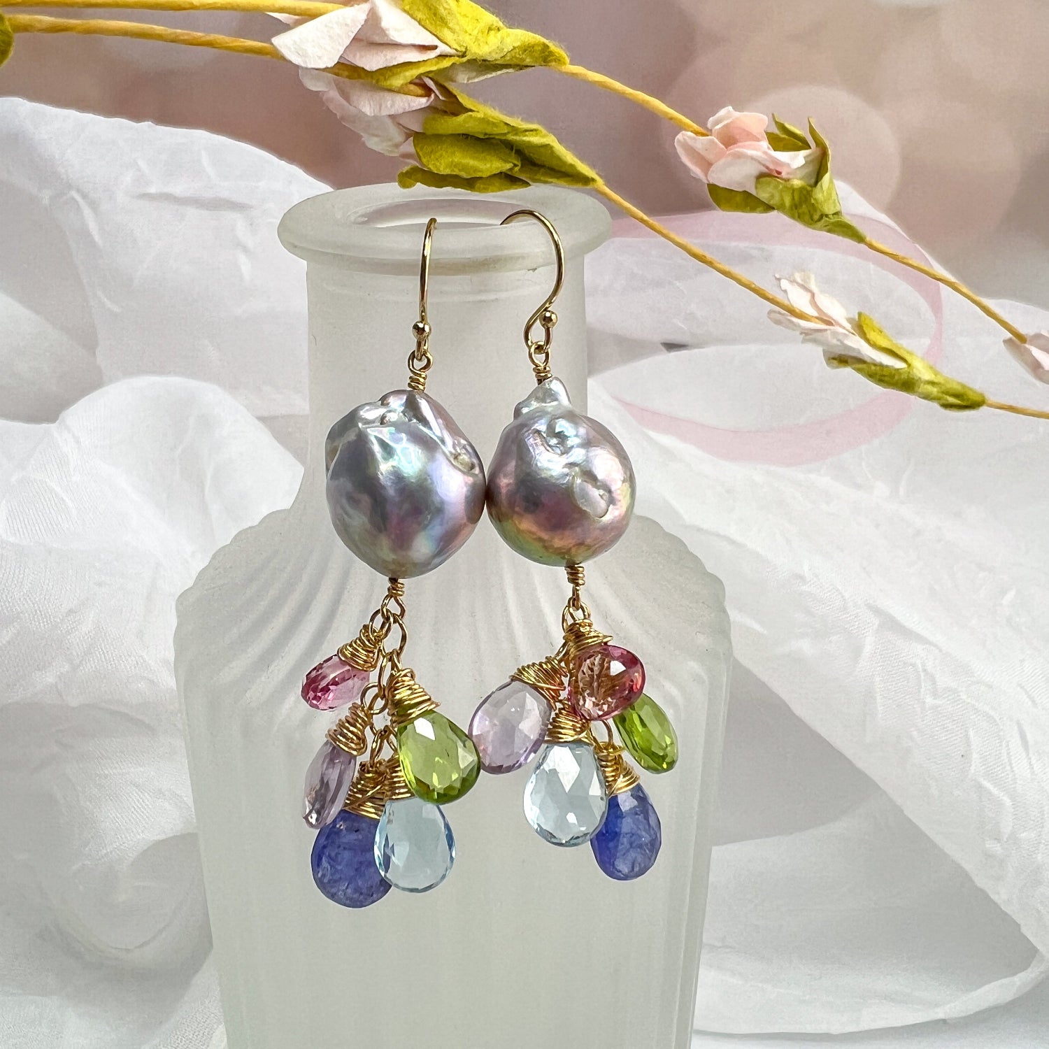 Baroque Pearl & gemstone waterfall earrings