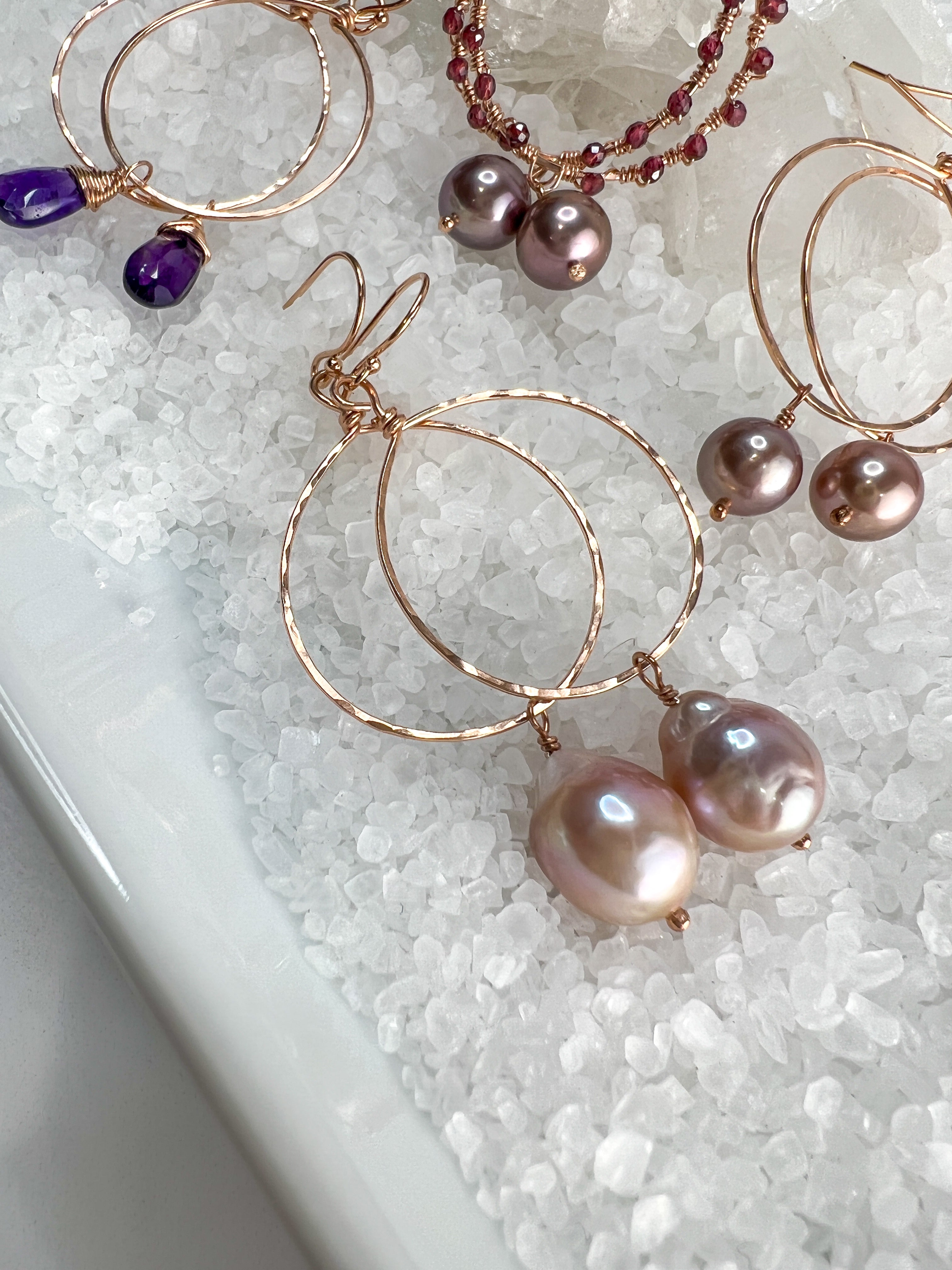 Rose Gold Hammered Baroque Pearl Hoops