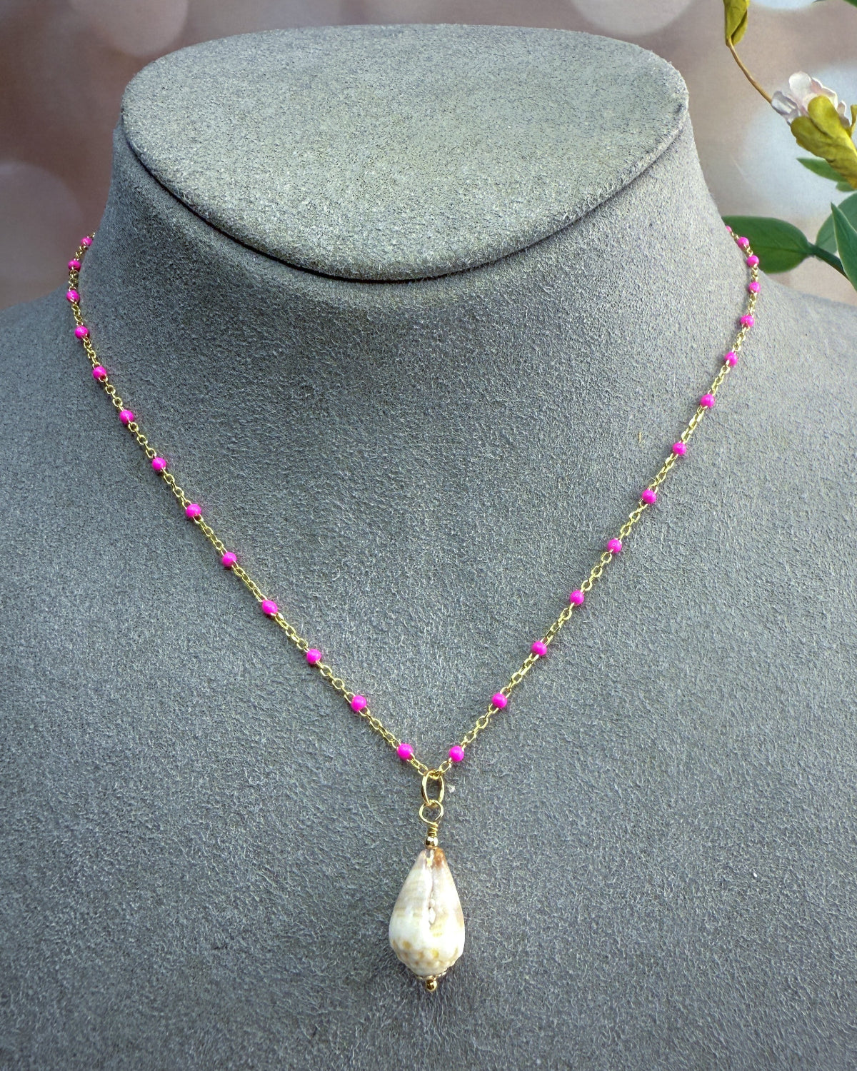 Bright Pink Enamel Chain with Removable Shell Pendant