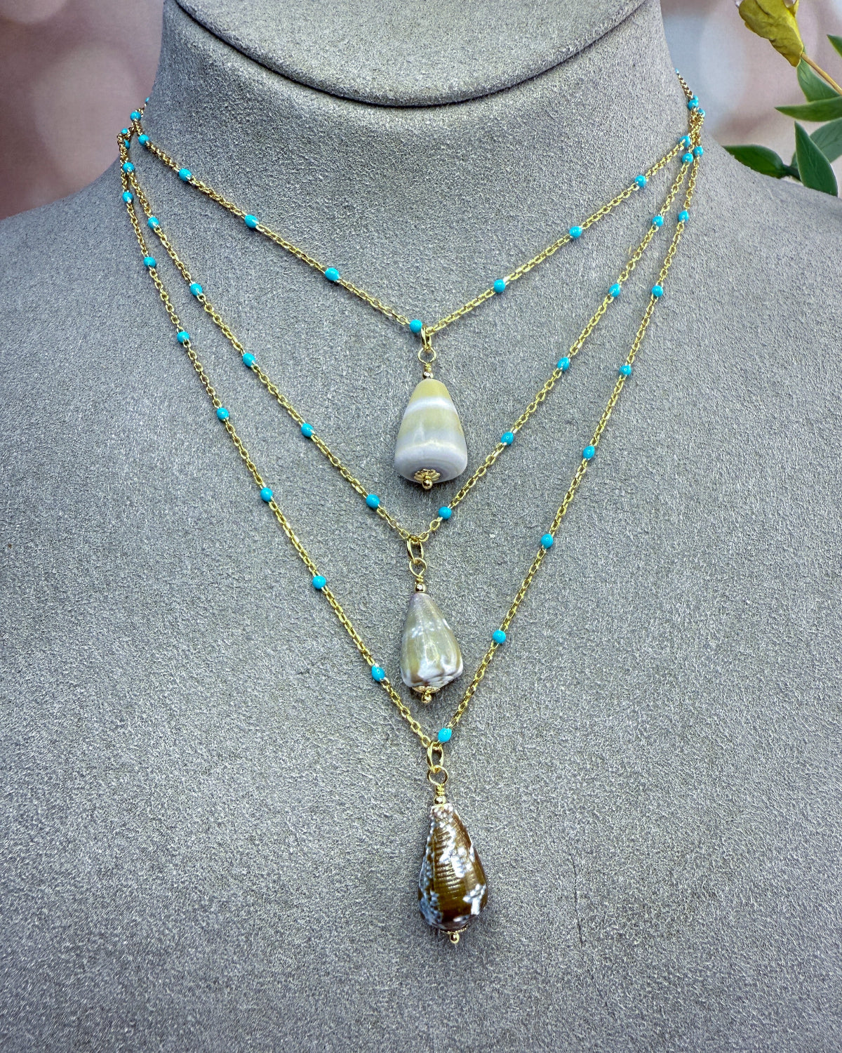 Turquoise Enamel Chain with Removable Shell Pendant