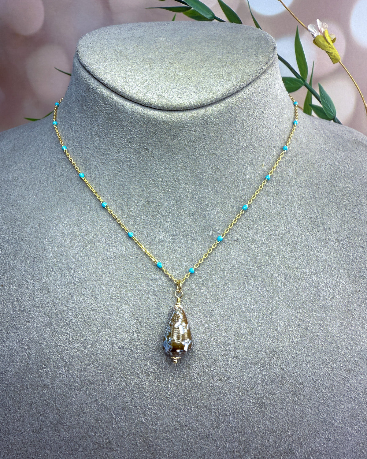 Turquoise Enamel Chain with Removable Shell Pendant