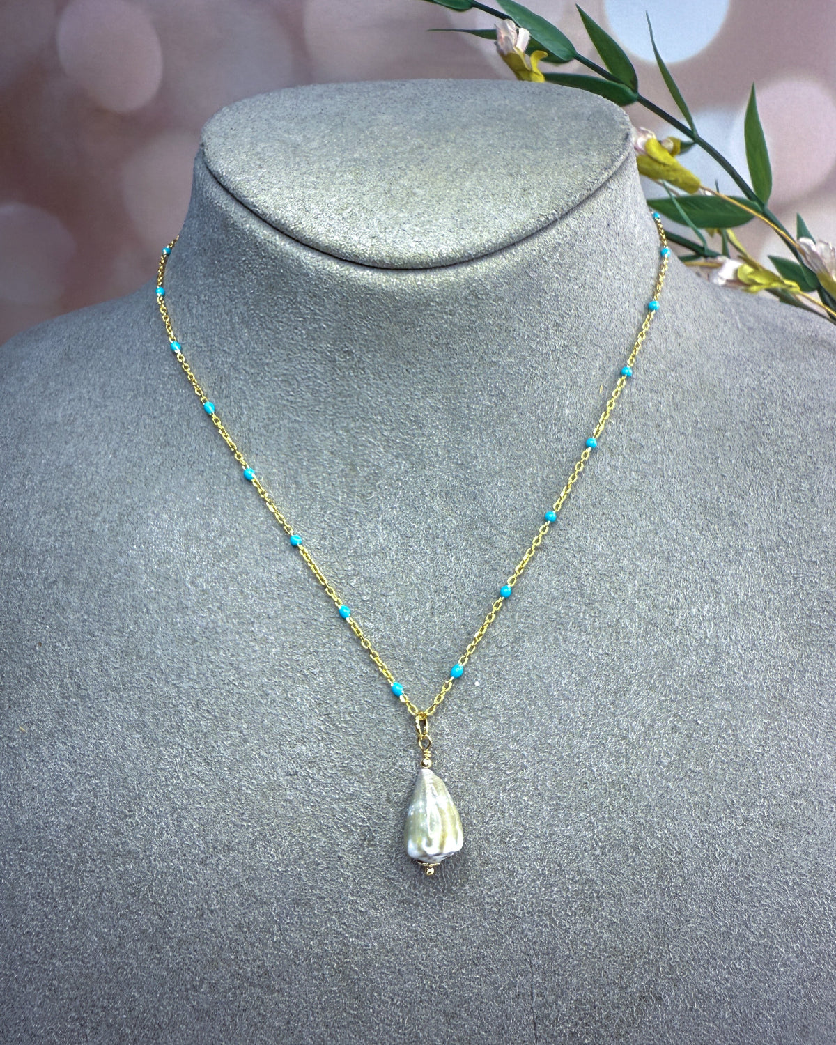 Turquoise Enamel Chain with Removable Shell Pendant